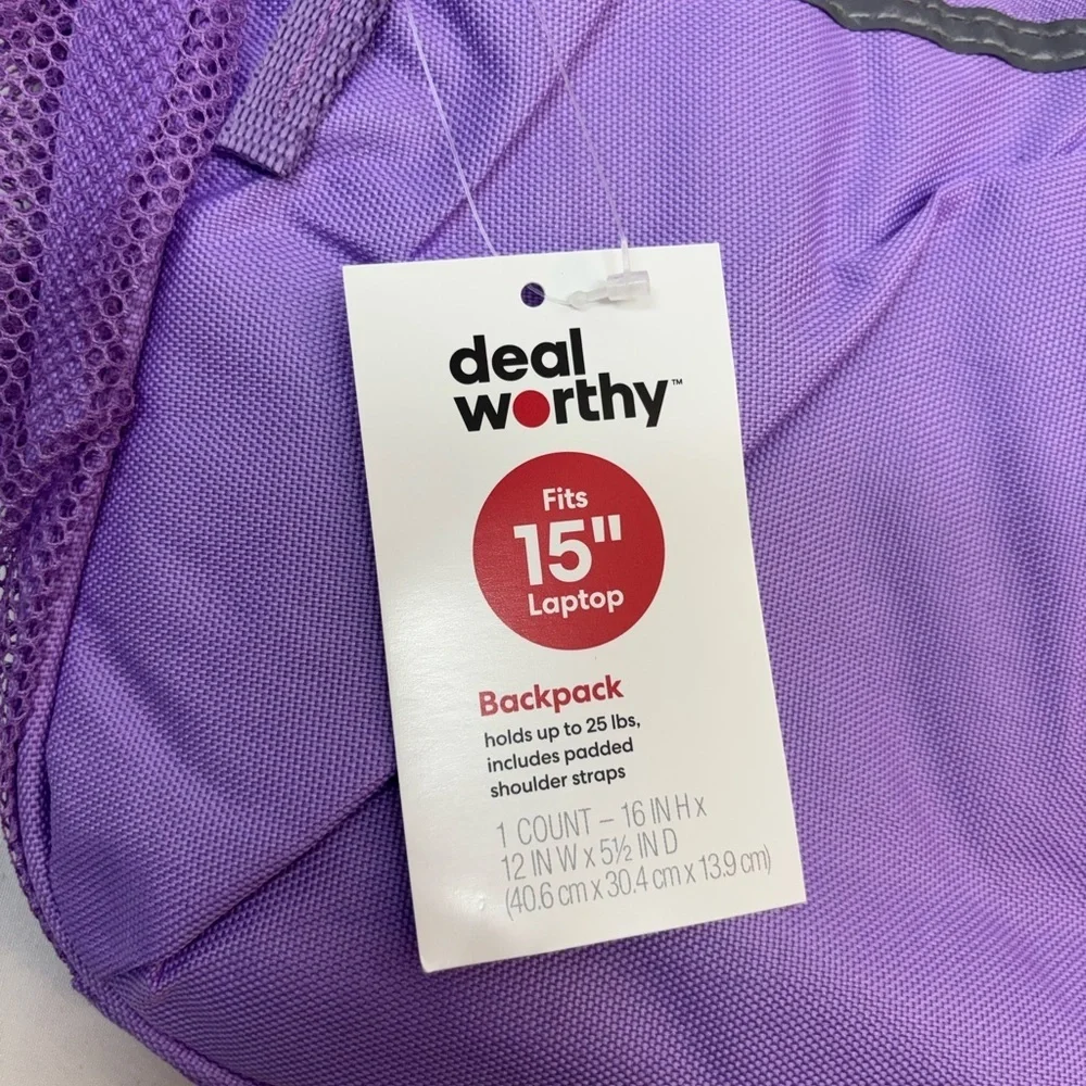 NWT Purple Backpack with Mesh Pockets Holds 15” laptop